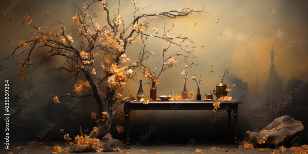 Poster a table topped with vases and flowers next to a tree. generative ai image.