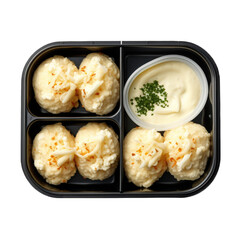 Cottage cheese balls in a lunchbox top view isolated on transparent background. Generative AI