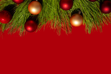 Christmas background with a Christmas tree and Christmas toys forming a frame, there is free space