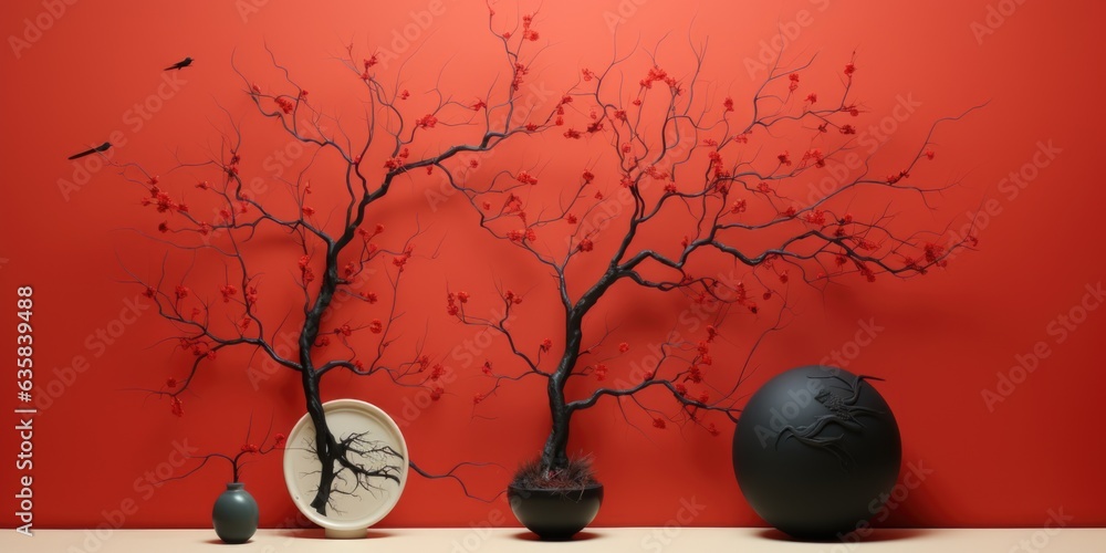 Poster two vases and a vase with red flowers on a red wall. generative ai image.