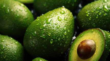 Background of avocado in whole view with splashes of water. Generative AI