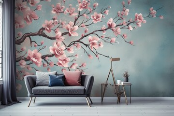 Vintage floral loft design with tree branches and sakura flowers for wall murals, cards, and wallpapers.
