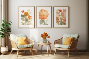  a home interior featuring rattan chairs, flowers, and a poster mockup