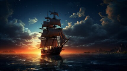 A sailing ship on the sea with a full moon in the sky.