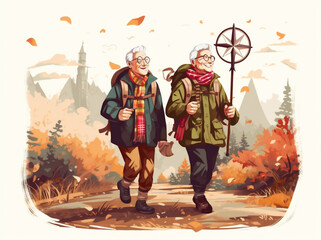 grandfather senior couple hiking old happy elderly active walking trekking. Generative AI.