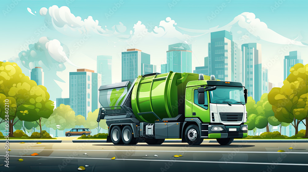 Wall mural illustration of a big recycling truck in a modern big city.