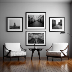 Living room home interior background. Armchairs and Grey wall with pictures mock up. Ai generated