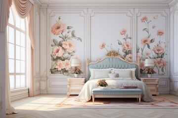 Classic bedroom interior illustration with 3D wall art featuring flowers as a background decoration for home.