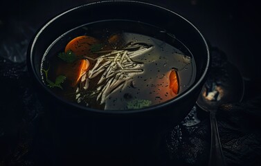 Bouillon with pieces of carrots and stalks of herbs. Asian cuisine. Broth in a black bowl.