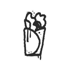 Mexican burrito icon. Grunge street fast food element in y2k urban graffiti style with streaks. Black air sprayed graphic. Doner kebab. Shawerma sandwich. Spray textured vector illustration for t-shir
