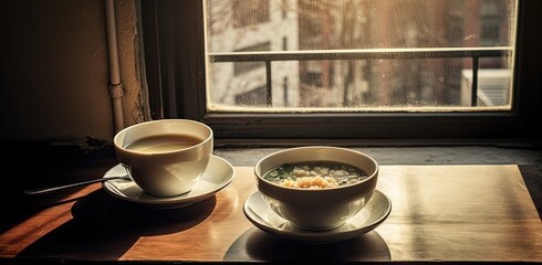 A cup of soup on the windowsill in the morning light.