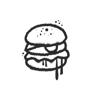 Hamburger icon. Grunge street fast food burger in y2k urban graffiti style with streaks. Black air sprayed graphic. Spray textured vector illustration for t-shirts; banners; labels; cover; print; pain