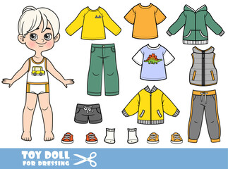 Cute cartoon blond boy - autumn season - shirts, jacket, shorts, boots and jeans. Doll for dressing