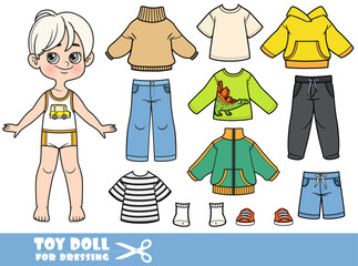 Cute cartoon blond boy - autumn season - shirts, jacket, sweater, boots and jeans. Doll for dressing