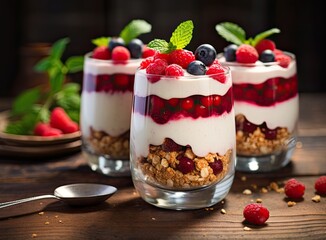 Japanese popular dessert parfait made with fresh fruit, yogurt and granola isolated on cement background. Created with Generative AI technology.