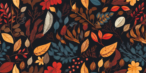 Autumn seamless pattern with different leaves and plants, seasonal colors