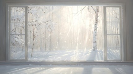 Modern bright interiors. View through the window. Winter season. Empty room. Morning lighting.