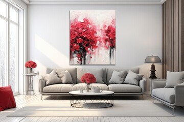 An assortment of contemporary abstract art with red roses, serving as interior decoration.