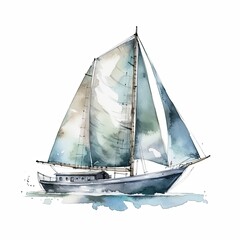brown wooden yacht, pink sails isolated on white background Watercolor illustration