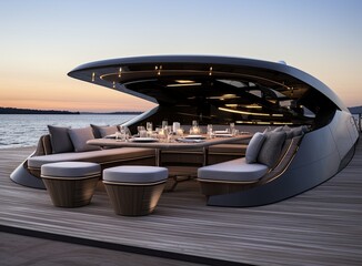 romantic lunch on motor yacht at sunset, Table setting at a luxury yacht. Created with Generative...