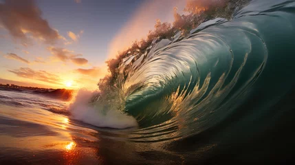 Keuken foto achterwand Blauwgroen a breaking wave at sunset.