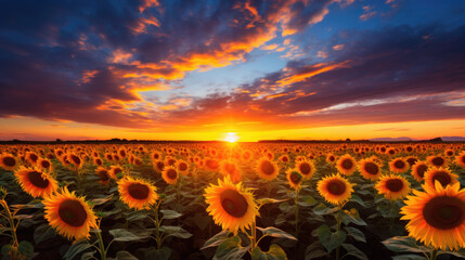 yellow sunflowers at a dramatic sunset.