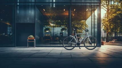 a bicycle is parked in a city center.