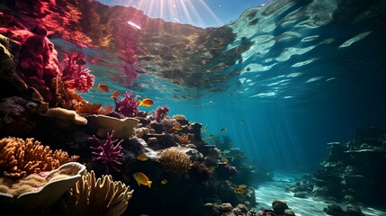 Underwater view of coral reef and tropical fish in blue ocean