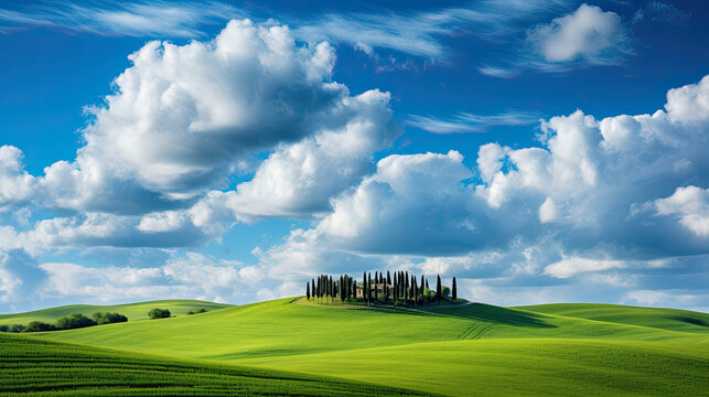 a minimalist picture of a green meadow with a few trees on the horizon with a blue sky and a few white clouds.