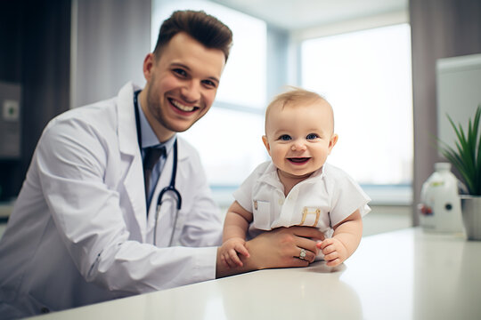 Friendly male pediatrician with an infant (child) in the doctor's office. Child health care, medical care. 