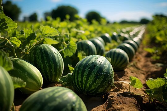 Green watermelons growing on a field in summer, agricultural landscape
