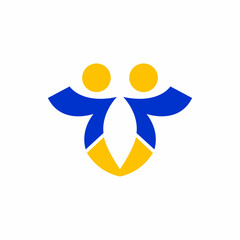 Initial E letter logo design with human shape in yellow and blue
