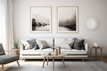 Scandinavian style living room with a modern interior background showcasing a mock up poster frame.