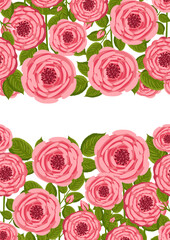Seamless pattern with blooming roses. Vector floral illustration for postcard, poster, fabric, wrapping paper, decor etc. Flowers for spring and summer holidays. Festive template can add text.