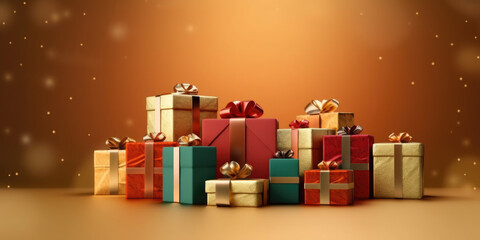 Christmas holiday boxes with gifts on a blur gold christmas background.  Generative AI