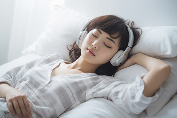 A Woman Laying In Bed Wearing Headphones