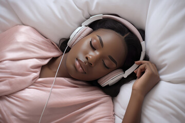 Beautiful Young Nigerian Woman Sleeping On White Sheets Wearing Headphones