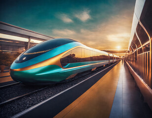 High speed train in motion during sunset. Blue and green color with sleek design. Concepts of transportation and travel.