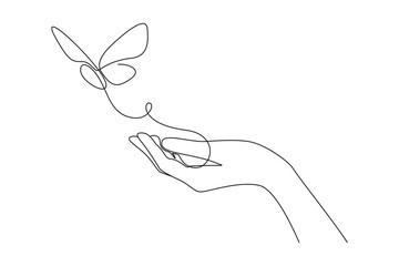 One continuous line drawing of hand holding butterfly. Beautiful flying moth for wellbeing beauty or spa salon logo in simple linear style. Editable stroke. Doodle outline vector illustration