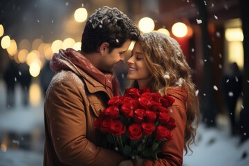 In love couple kissing in snow at city street. Handsome man and beautiful young woman with red roses, outdoors portrait. Happy Valentine's day. - 635843414