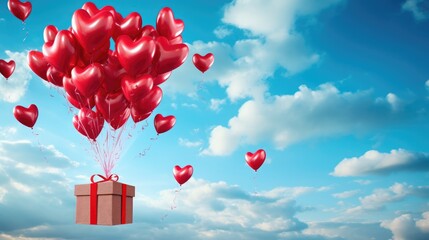 Gift box on many heart shaped red balloons flying in blue sky with white clouds with copy space