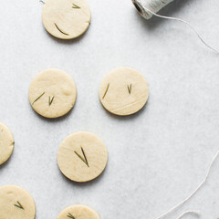 Top view of cut out rosemary sugar cookies, rosemary cookie on a white background, process of making rosemary sugar cookies