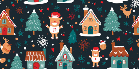 Christmas seamless pattern, wallpaper with seasonal winter design, Christmas trendy wrapping paper with Santa, reindeer and gingerbread house