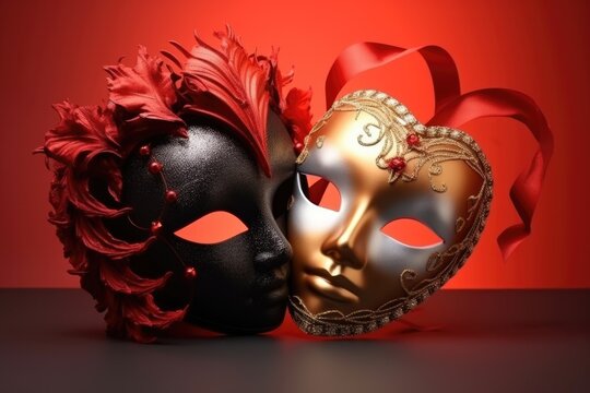 Two theatrical masks - black and golden with white, on red background