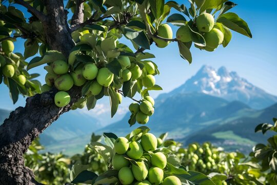 Green apples on a branch against the background of the mountains and blue sky