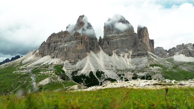 Tre Cime di Lavaredo rocks shoot from drone. South Tirol, Europe, Italy.