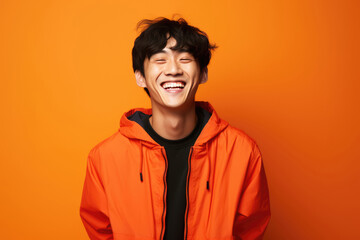 Fototapeta na wymiar Happy Korean Man On Orange Background