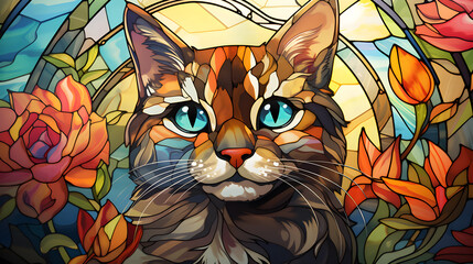 A cute cat stained glass window, retro colors - obrazy, fototapety, plakaty
