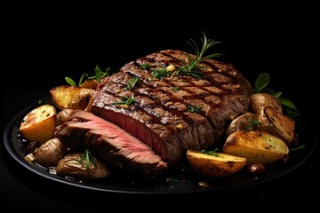 grilled beef steak and potatoes on plate isolated on white background, top view
