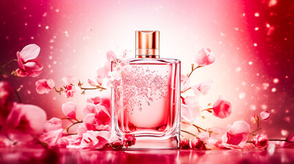 Flacon de parfum - Présentation publicitaire d'un parfum dans les tons de rose - Générative IA